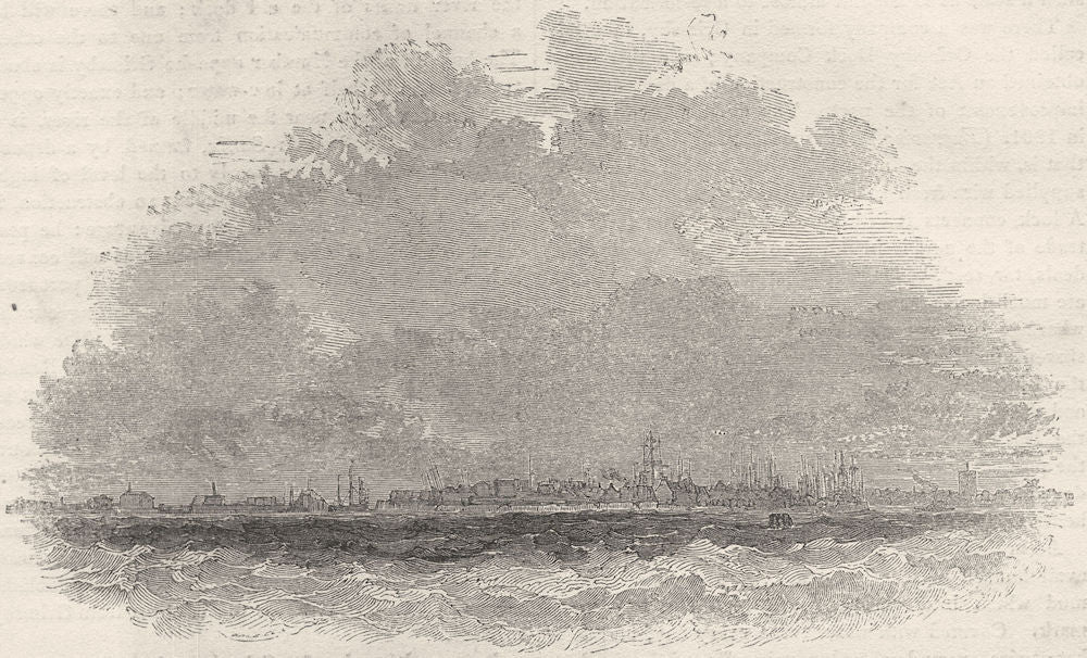 LINCOLNSHIRE. Great Grimsby, from the Humber 1850 old antique print picture